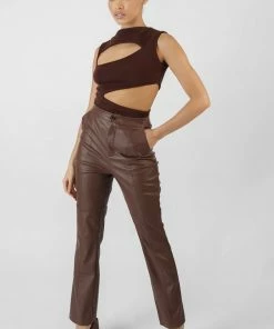 Kaiia PU SEAM FRONT SPLIT DETAIL TROUSERS CHOCOLATE CLOTHING