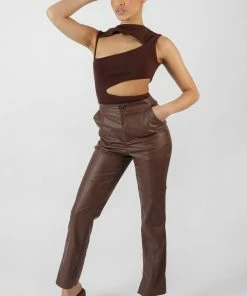 Kaiia PU SEAM FRONT SPLIT DETAIL TROUSERS CHOCOLATE CLOTHING