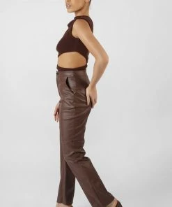 Kaiia PU SEAM FRONT SPLIT DETAIL TROUSERS CHOCOLATE CLOTHING