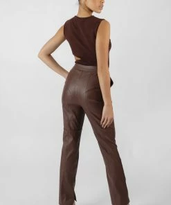 Kaiia PU SEAM FRONT SPLIT DETAIL TROUSERS CHOCOLATE CLOTHING