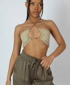 Kaiia LOOP RUCHING CHAIN STRAP BRA TOP SAGE