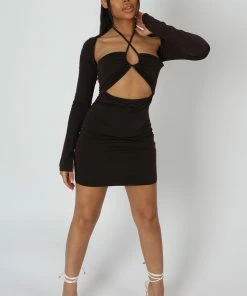 Kaiia SLINKY RUCH BUST CUT OUT LONG SLEEVED DRESS CHOCOLATE