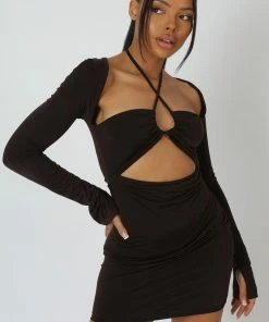 Kaiia SLINKY RUCH BUST CUT OUT LONG SLEEVED DRESS CHOCOLATE