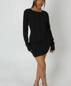 Kaiia SEAM DETAIL LONG SLEEVE MINI DRESS BLACK CLOTHING