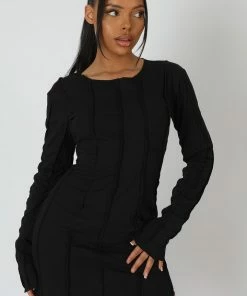 Kaiia SEAM DETAIL LONG SLEEVE MINI DRESS BLACK CLOTHING