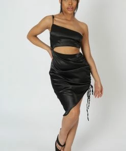 Kaiia CLOTHING ASYMMETRIC CUT OUT RUCHED SATIN MIDI DRESS BLACK