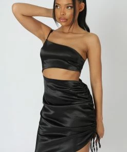 Kaiia CLOTHING ASYMMETRIC CUT OUT RUCHED SATIN MIDI DRESS BLACK