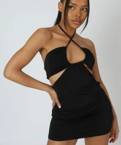 Kaiia CLOTHING SLINKY LOOP RUCHING SLEEVELESS MINI DRESS BLACK