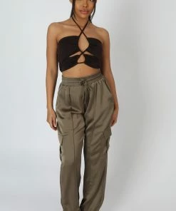 Kaiia SLINKY LOOP RUCHING CROP TOP CHOCOLATE