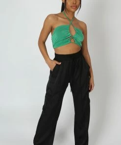 Kaiia SLINKY LOOP RUCHING CROP TOP GREEN CLOTHING