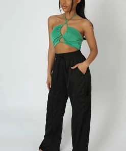 Kaiia SLINKY LOOP RUCHING CROP TOP GREEN CLOTHING