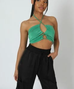 Kaiia SLINKY LOOP RUCHING CROP TOP GREEN CLOTHING