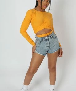 Kaiia LONG SLEEVE WRAP WAIST CROP TOP MANGO CLOTHING