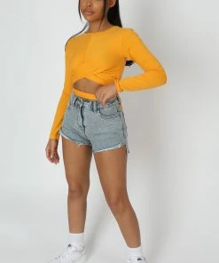 Kaiia LONG SLEEVE WRAP WAIST CROP TOP MANGO CLOTHING