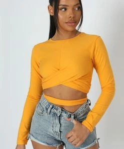 Kaiia LONG SLEEVE WRAP WAIST CROP TOP MANGO CLOTHING