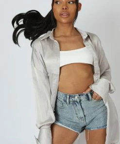 Kaiia CLOTHING OVERSIZED SATIN SHIRT SILVER