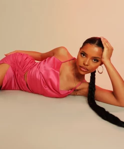 Kaiia RUCHED SIDE STRAPPY WAIST SATIN DRESS DARK CORAL