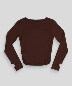 Kaiia CLOTHING CURVE RUCHED SIDE LOUNGE TOP CHOCOLATE