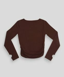 Kaiia CLOTHING CURVE RUCHED SIDE LOUNGE TOP CHOCOLATE