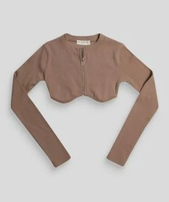 Kaiia CLOTHING ZIP THROUGH UNDERBUST RIBBED TOP SAND