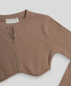 Kaiia CLOTHING ZIP THROUGH UNDERBUST RIBBED TOP SAND