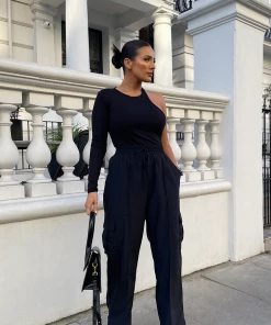 Kaiia CLOTHING ONE SLEEVE ASYMMETRIC BODYSUIT BLACK