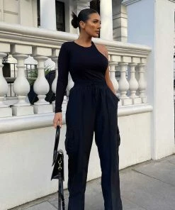 Kaiia CLOTHING SPLIT HEM CARGO TROUSERS BLACK