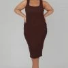 Kaiia CLOTHING CURVE BODYCON SCOOP NECK MIDI DRESS CHOCOLATE