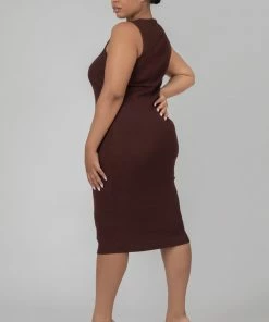 Kaiia CLOTHING CURVE BODYCON SCOOP NECK MIDI DRESS CHOCOLATE