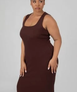 Kaiia CLOTHING CURVE BODYCON SCOOP NECK MIDI DRESS CHOCOLATE