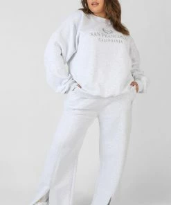 Kaiia CURVE OVERSIZED EMBROIDERED SPLIT FRONT JOGGERS OATMEAL MARL CLOTHING