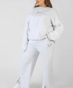 Kaiia CURVE OVERSIZED EMBROIDERED SPLIT FRONT JOGGERS OATMEAL MARL CLOTHING