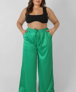 Kaiia CURVE SATIN WIDE LEG TROUSERS GREEN CLOTHING
