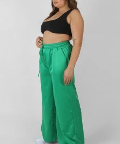 Kaiia CURVE SATIN WIDE LEG TROUSERS GREEN CLOTHING