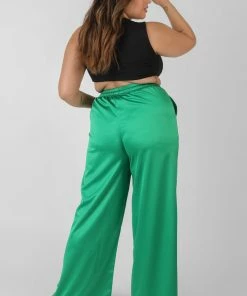 Kaiia CURVE SATIN WIDE LEG TROUSERS GREEN CLOTHING