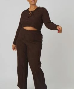 Kaiia CURVE LACE UP RIBBED KNITTED CROP TOP CHOCOLATE CLOTHING