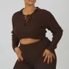 Kaiia CURVE LACE UP RIBBED KNITTED CROP TOP CHOCOLATE CLOTHING 2 Kaiia CURVE LACE UP RIBBED KNITTED CROP TOP CHOCOLATE CLOTHING