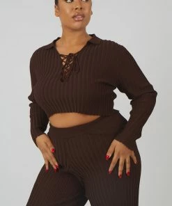 Kaiia CURVE LACE UP RIBBED KNITTED CROP TOP CHOCOLATE CLOTHING