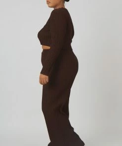 Kaiia CURVE LACE UP RIBBED KNITTED CROP TOP CHOCOLATE CLOTHING