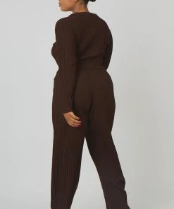 Kaiia CLOTHING CURVE RIBBED KNITTED WIDE LEG TROUSERS CHOCOLATE