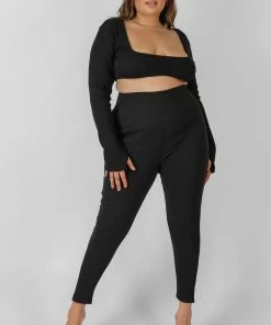 Kaiia CURVE THICK WAISTBAND RIBBED LEGGINGS BLACK CLOTHING