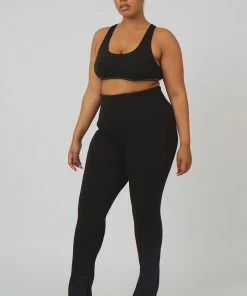 Kaiia CLOTHING CURVE SPLIT HEM RIBBED LEGGINGS BLACK