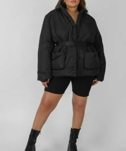 Kaiia CURVE BELTED PUFFER BLAZER BLACK CLOTHING