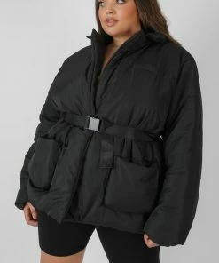 Kaiia CURVE BELTED PUFFER BLAZER BLACK CLOTHING