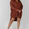 Kaiia CURVE SATIN SHIRT DRESS CHOCOLATE CLOTHING