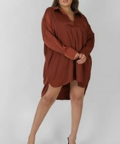 Kaiia CURVE SATIN SHIRT DRESS CHOCOLATE CLOTHING