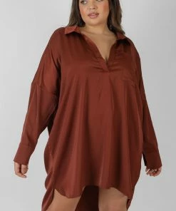 Kaiia CURVE SATIN SHIRT DRESS CHOCOLATE CLOTHING