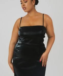Kaiia CLOTHING CURVE SNAKESKIN PU SQUARE NECK MIDI DRESS BLACK