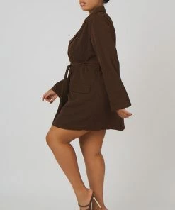 Kaiia CLOTHING CURVE WRAP BELT BLAZER DRESS CHOCOLATE