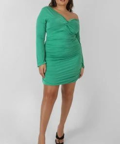 Kaiia CURVE TWIST WRAP GATHER LONG SLEEVE MINI DRESS GREEN